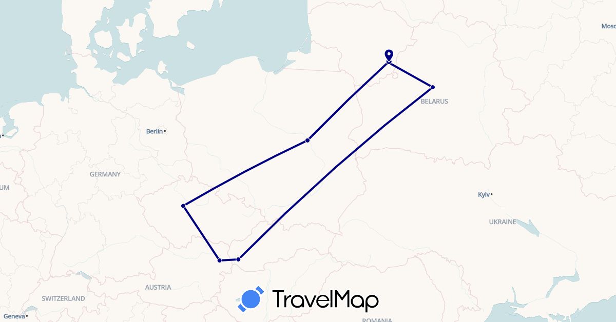 TravelMap itinerary: driving in Austria, Belarus, Czech Republic, Lithuania, Poland, Slovakia (Europe)